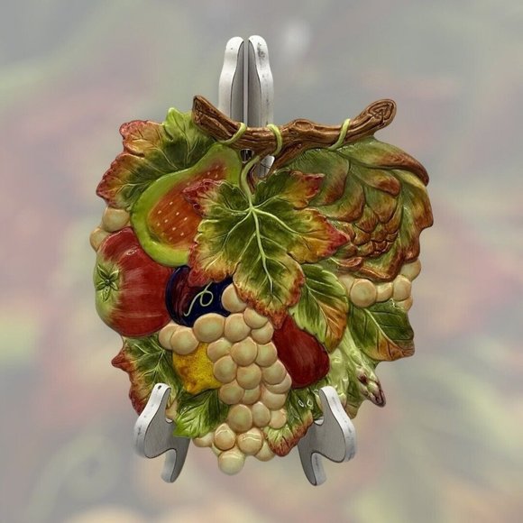 Fitz and Floyd Classic Leaf Shaped Fruit Pattern Plate with Hanging Wire Vintage - Picture 6 of 16